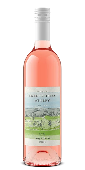 Bottle of Sweet Cheeks Winery 2024 Rosy Cheeks rosé with a watercolour vineyard label